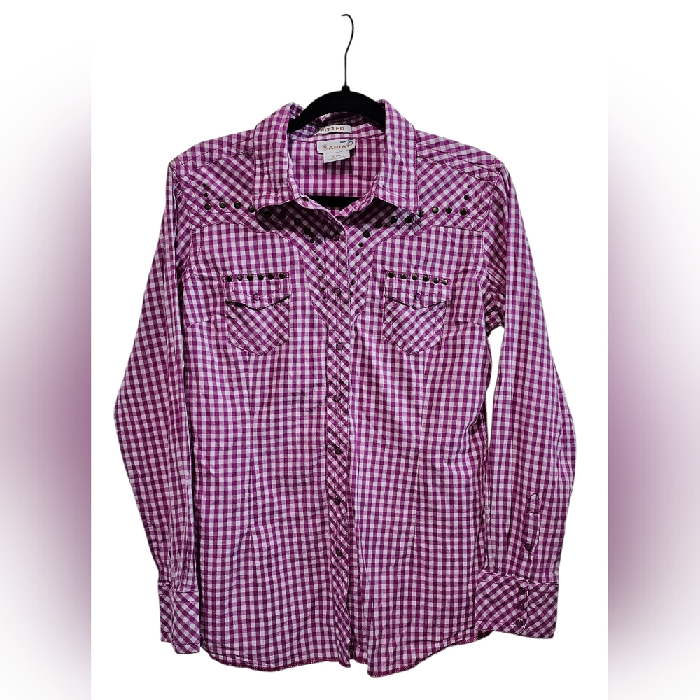 Ariat Fitted Women Fuchsia Western Plaid Checkered Studded Shirt Size Large NWOT